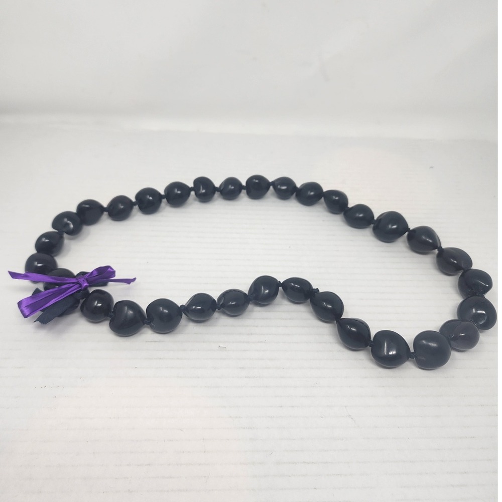 Kukui Nut Lei Necklace Black Hawaiian Ribbon Tie Strand Jewelry‎ - Picture 2 of 3